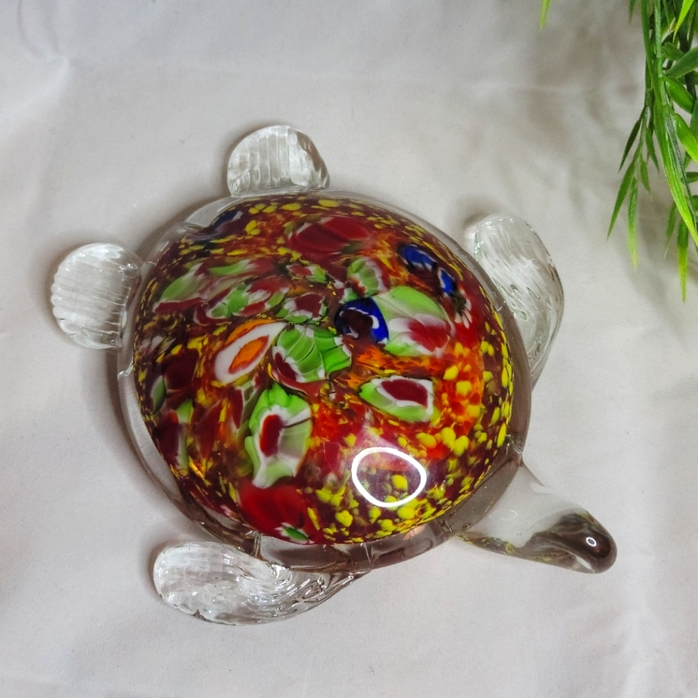 Beautiful Hand Blown Millefiori Confetti and Clear Art Glass Sea Turtle Figurine